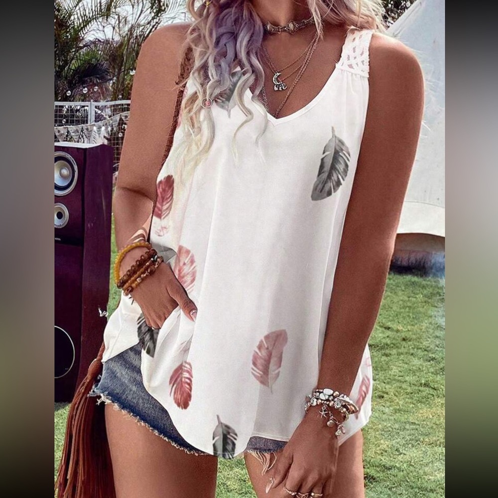 Boho feather print crochet back sleeveless top - Picture 6 of 8